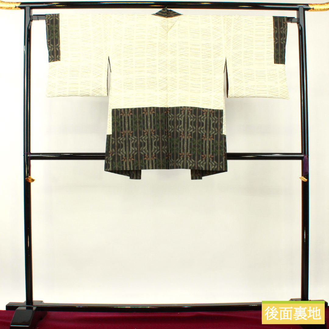 村山大島 正絹 身丈162.5cm 裄丈65.5cm アンサンブル 竹模様 しつけ糸付き 未使用品 Sランク 袷 黒系 1116003252410