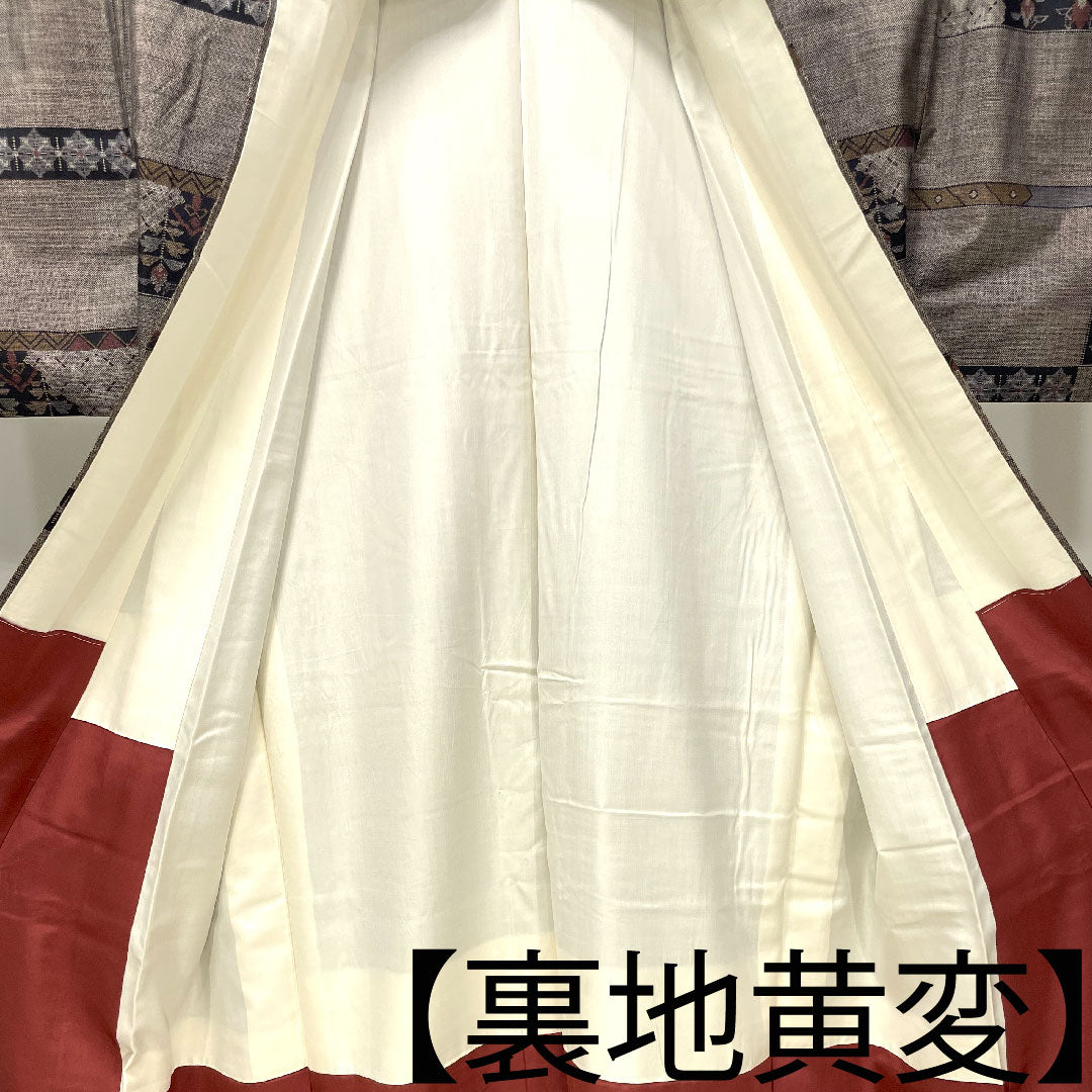 Silk pongee, Length 167.5cm, Sleeve length 66cm, Oshima pongee, 9 marks, Abstract pattern, A rank, Lined, Brown, 1116003373514