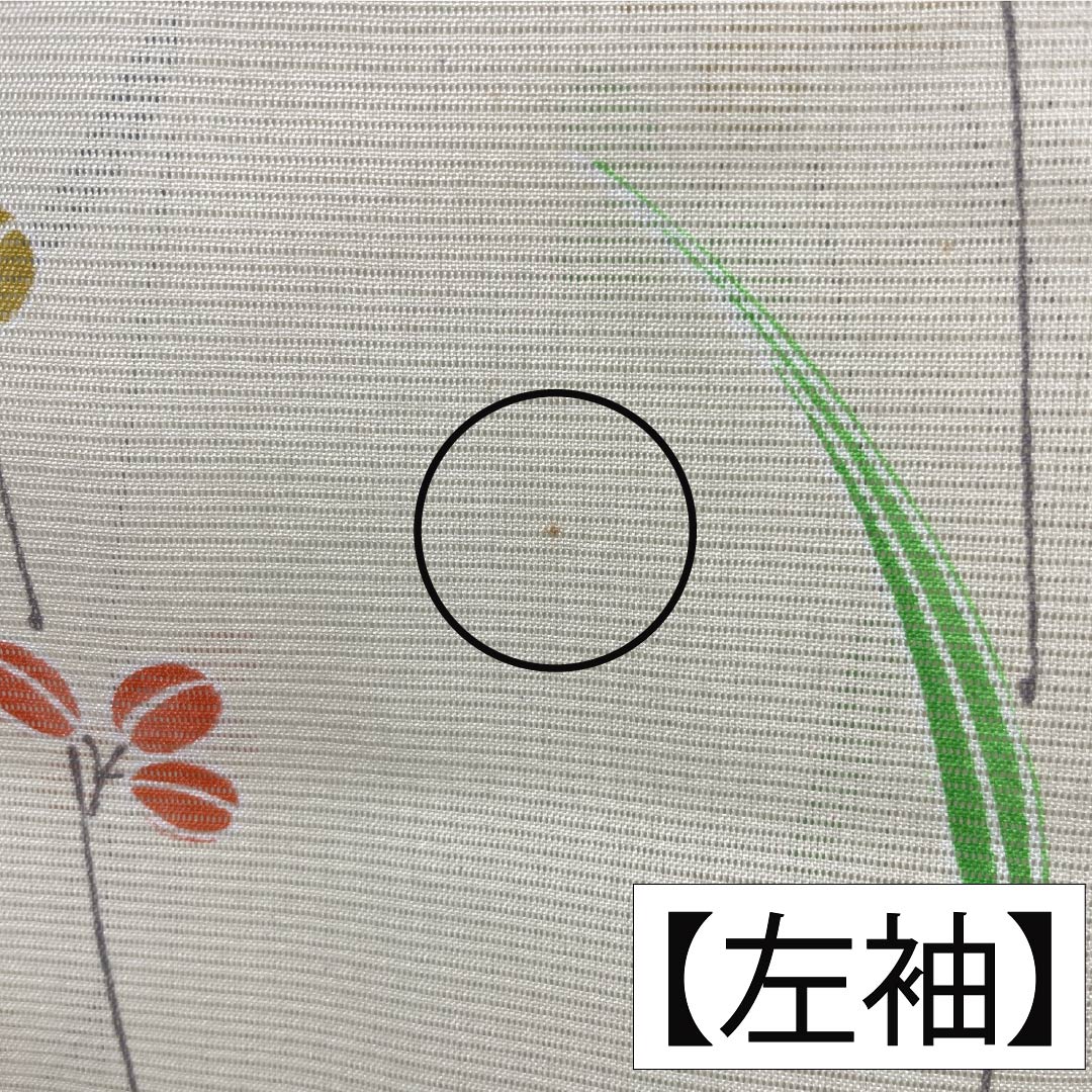 夏物 ポリエステル 小紋 Aランク 身丈163.5cm 裄丈64cm 白百合色(しらゆりいろ) 草花模様 絽 黄系 1132004513423