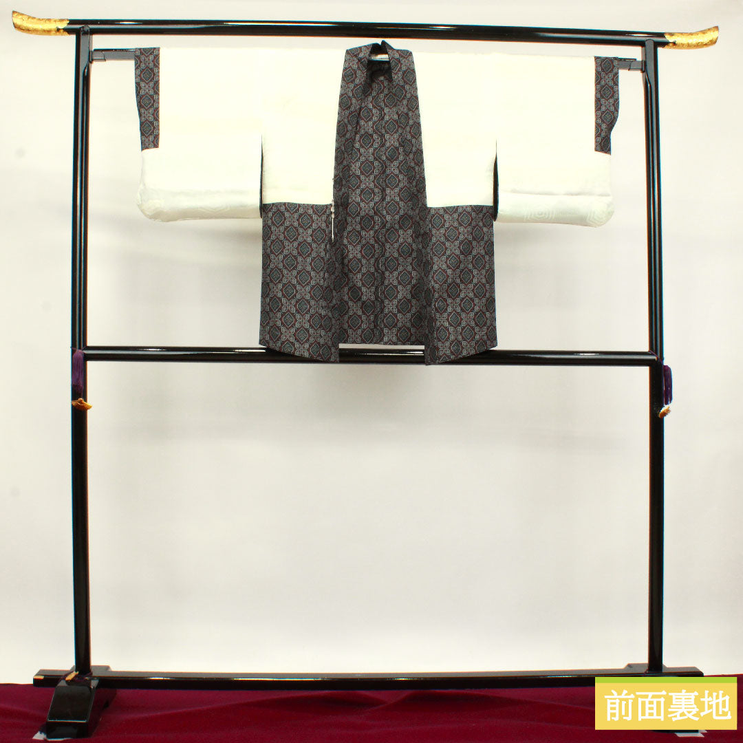 村山大島紬 正絹 身丈153.5cm 裄丈62cm アンサンブル 幾何学模様 Aランク 袷 黒系 1116002973210