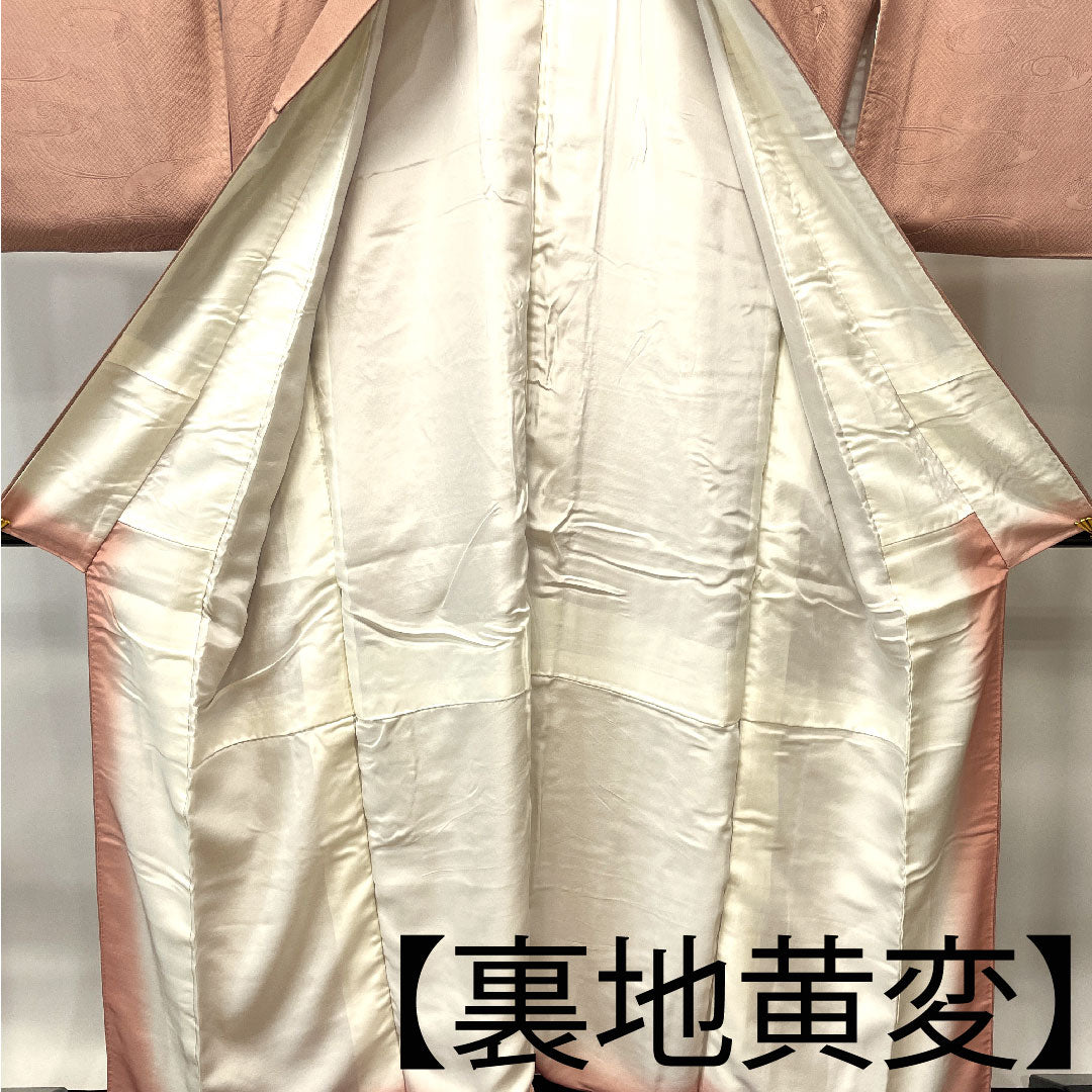 色無地 正絹 水柿色 抽象模様 下り藤 身丈152.5cm 裄丈64cm 袷 Aランク ピンク系 1114000853213