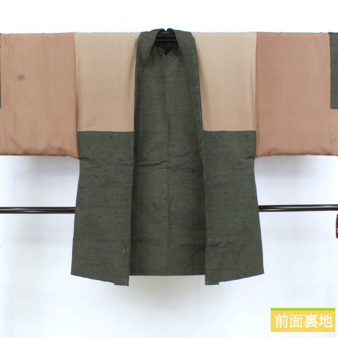 男物 正絹 Sランク 身丈142cm 裄丈71cm 鈍色(にびいろ) ひげ紬 しつけ糸付き アンサンブル 袷 緑系 1119001062419