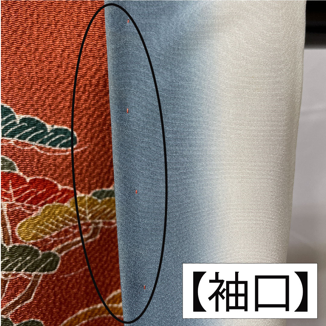 訪問着 正絹 袷 身丈165.5cm 裄丈65cm 弁柄色(べんがらいろ) 京友禅 茶屋辻風景模様 ちりめん地 Aランク 朱系 1112005923516