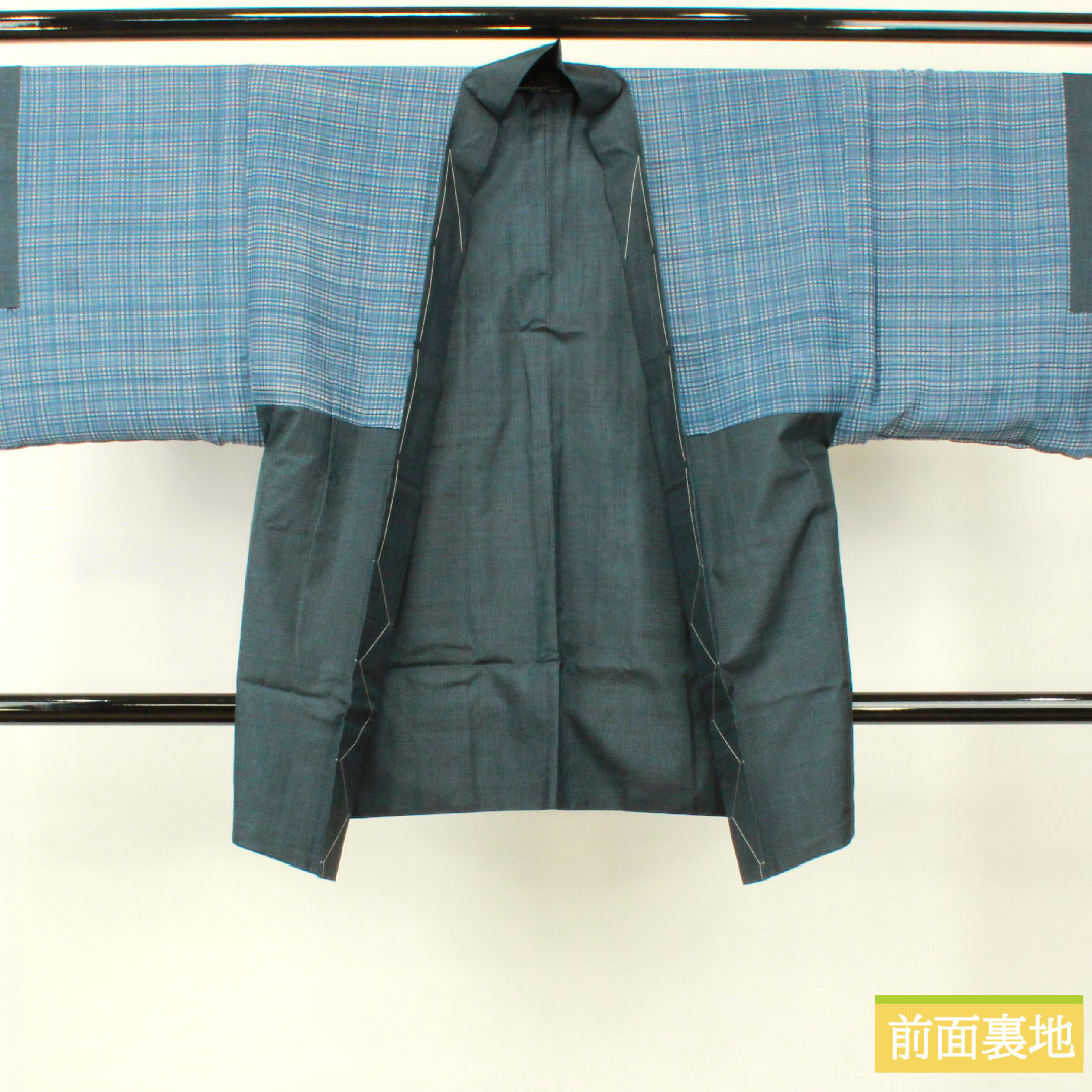 男物 正絹 身丈143cm 裄丈68cm 大島紬 120亀甲 亀甲模様 アンサンブル Sランク 袷 紺系 1119000872418