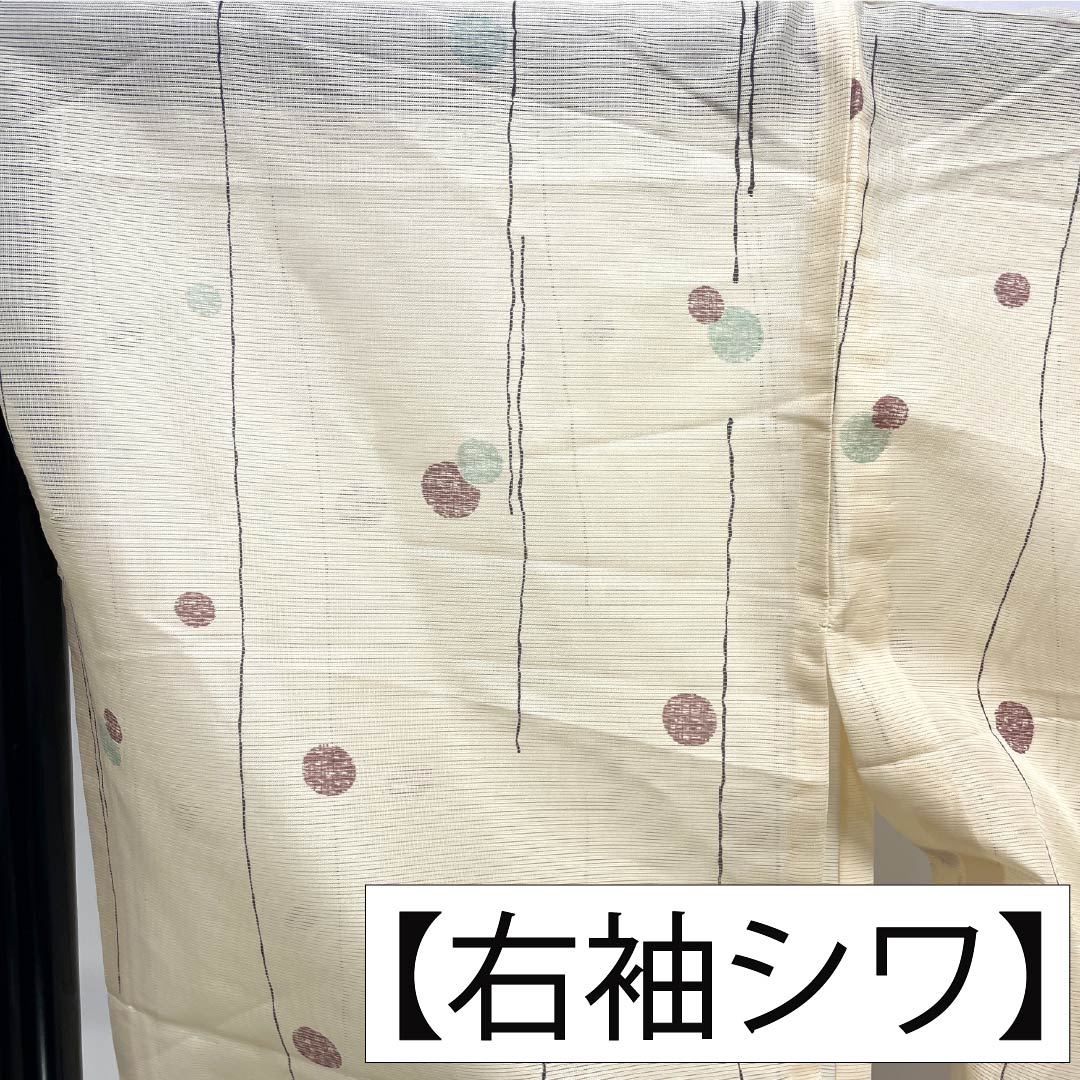 夏物 ポリエステル 小紋 Aランク 身丈164cm 裄丈66.5cm 練色(ねりいろ) 洗える着物 水玉模様 絽 クリーム系 1132005993415