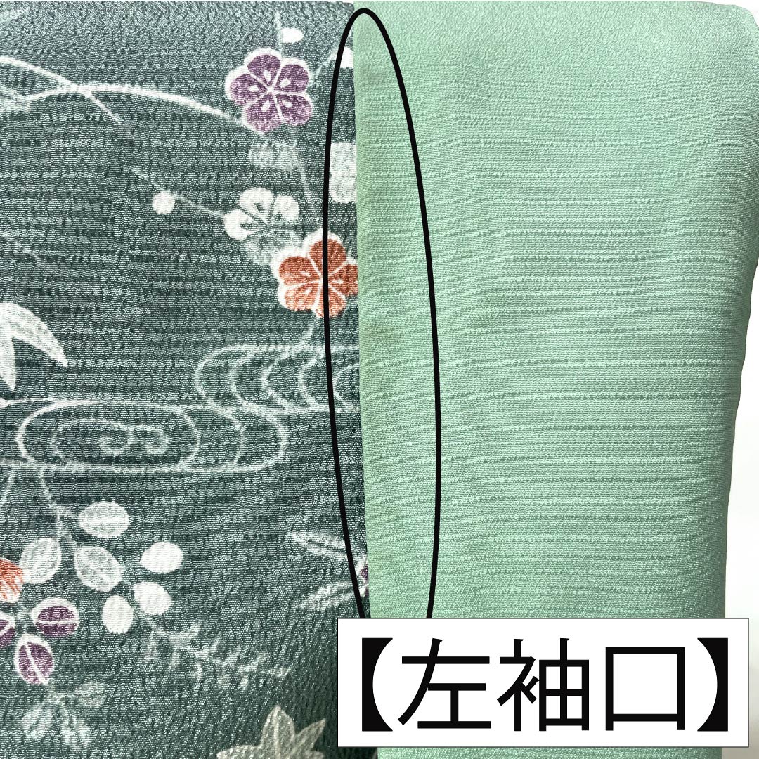 小紋 ポリエステル 身丈158.5cm 裄丈63cm 袷 山藍摺色(やまあいずりいろ) 洗える着物 草木模様 Aランク 緑系 1115005143319