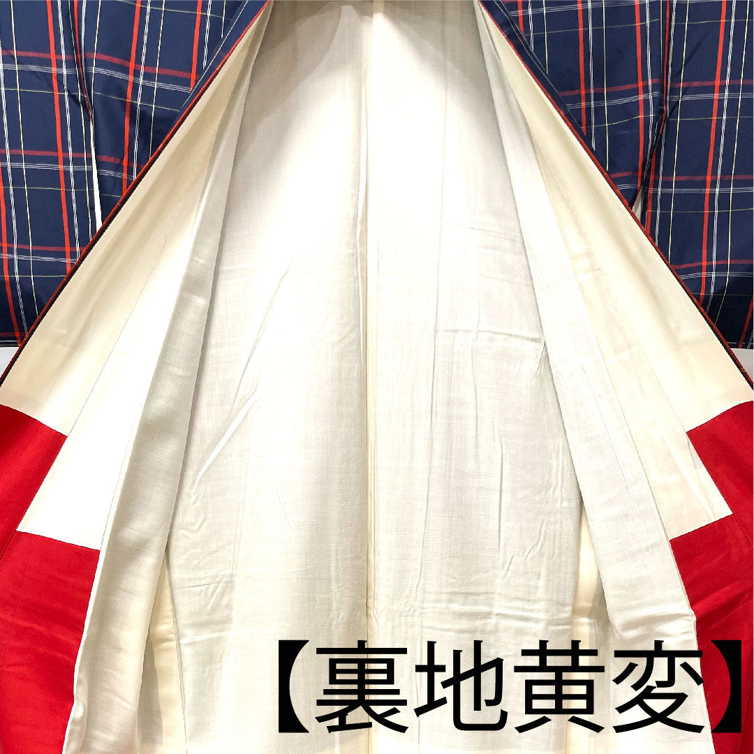 縞大島 身丈162.5cm 裄丈65.5cm 濃紺色 格子 正絹 Aランク 袷 紺系 1116002343418