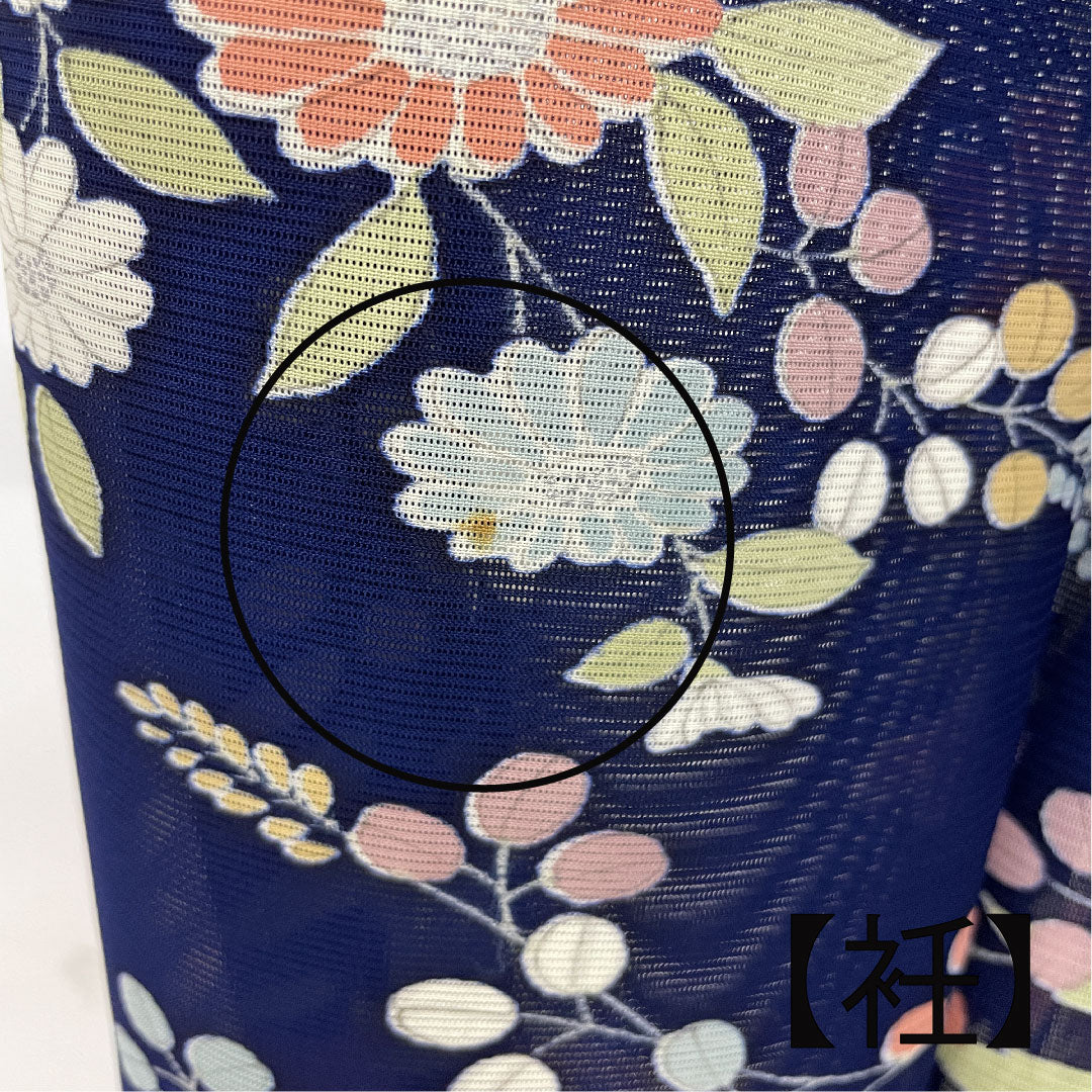 小紋 身丈159cm 裄丈62cm 絽 駒絽 花模様 正絹 Aランク 紺系 1115000743318