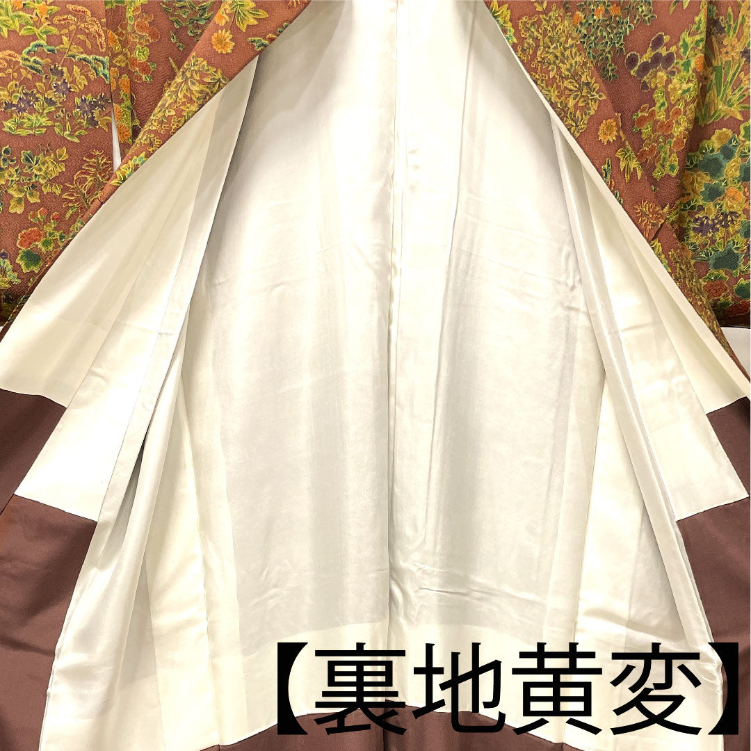 小紋 身丈154.5cm 裄丈61.5cm 袷 錆色 しつけ糸付き 草花模様 正絹 Aランク 茶系 1115003203214