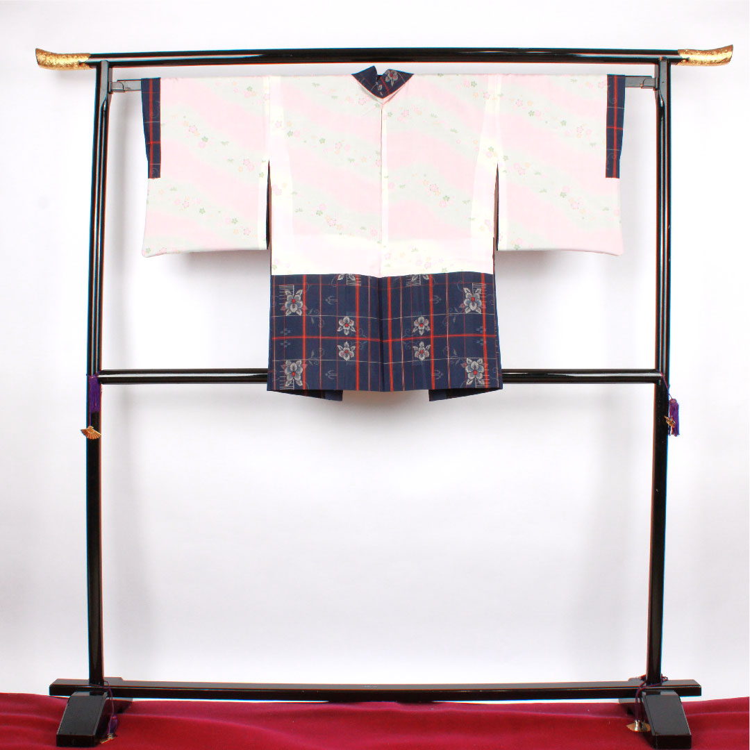 村山大島 身丈160cm 裄丈64.5cm アンサンブル 格子 花模様 正絹 Sランク 袷 紺系 1116001932418