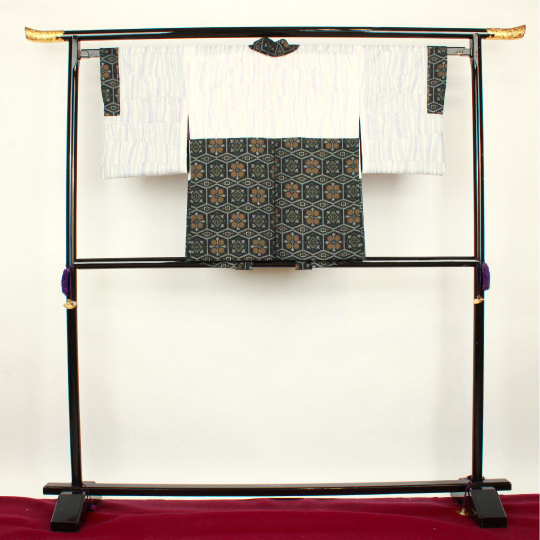 村山大島 身丈151cm 裄丈63.5cm アンサンブル 抽象模様 正絹 Aランク 袷 黒系 1116001993210