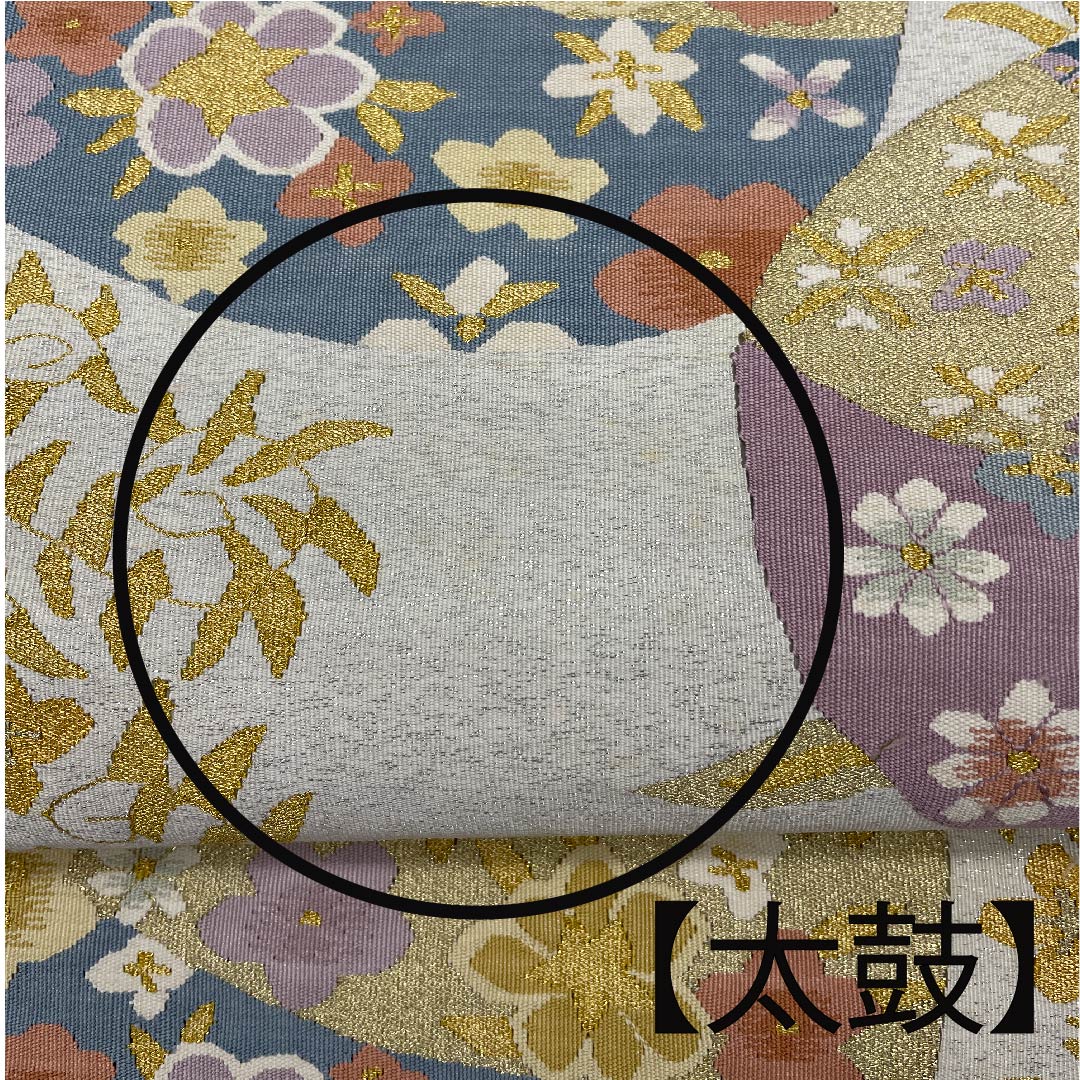 袋帯 銀白色色(ぎんはくしょくいろ) 小花 帯丈446cm 正絹 Bランク 六通 セミフォーマル 銀系 1123007174322