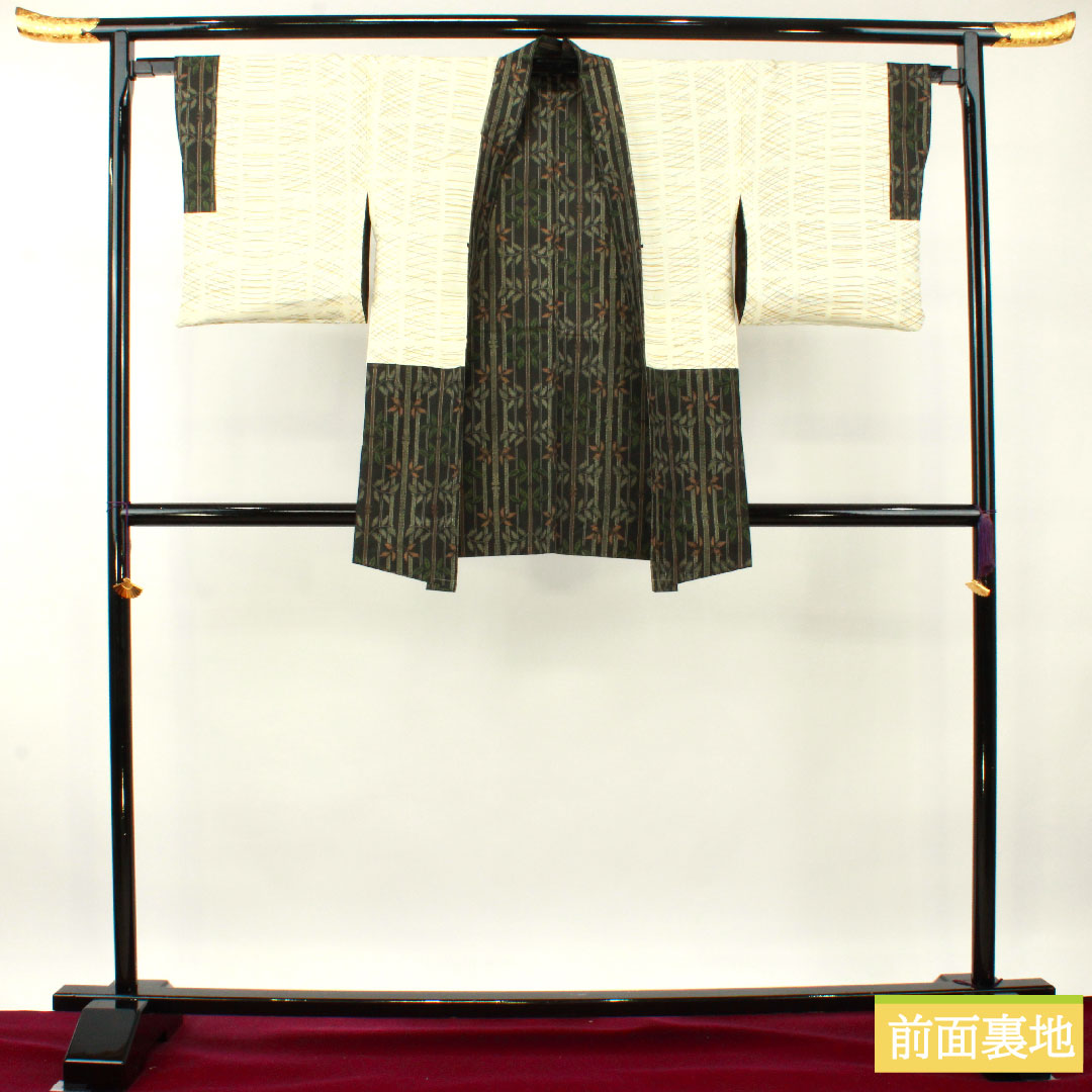 村山大島 正絹 身丈162.5cm 裄丈65.5cm アンサンブル 竹模様 しつけ糸付き 未使用品 Sランク 袷 黒系 1116003252410