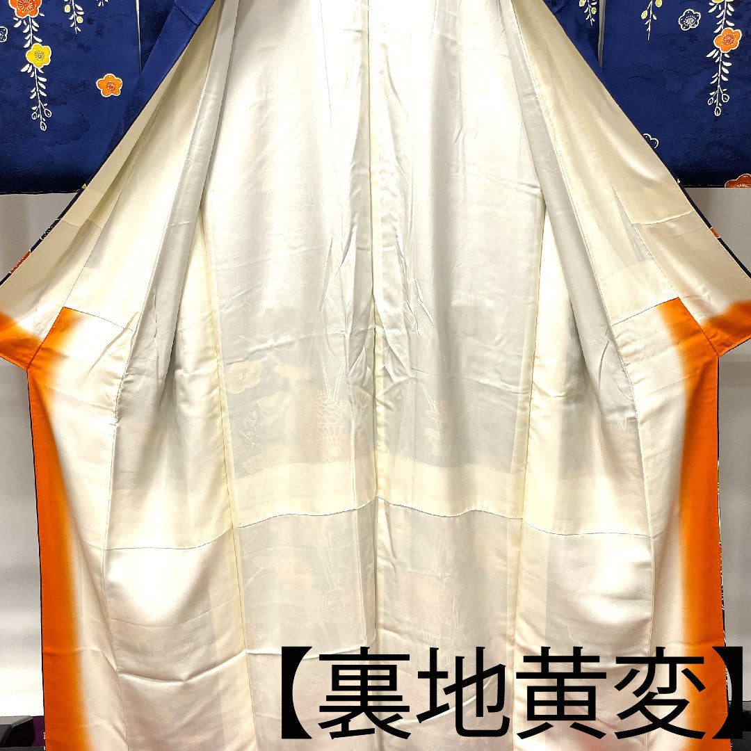 訪問着 正絹 袷 身丈168cm 裄丈63.5cm 濃桔梗色 京友禅 菊 梅 Aランク 紺系 1112003393518