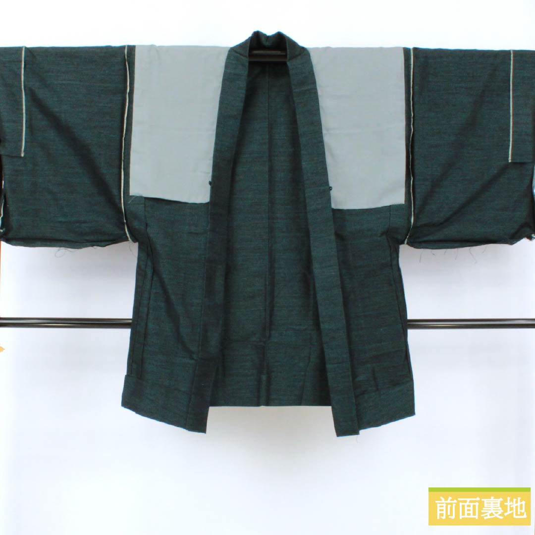 男物 正絹 Aランク 身丈139cm 裄丈66cm 高麗納戸色(こうらいなんどいろ) 紬地 アンサンブル 抽象模様 単衣 緑系 1119001333319