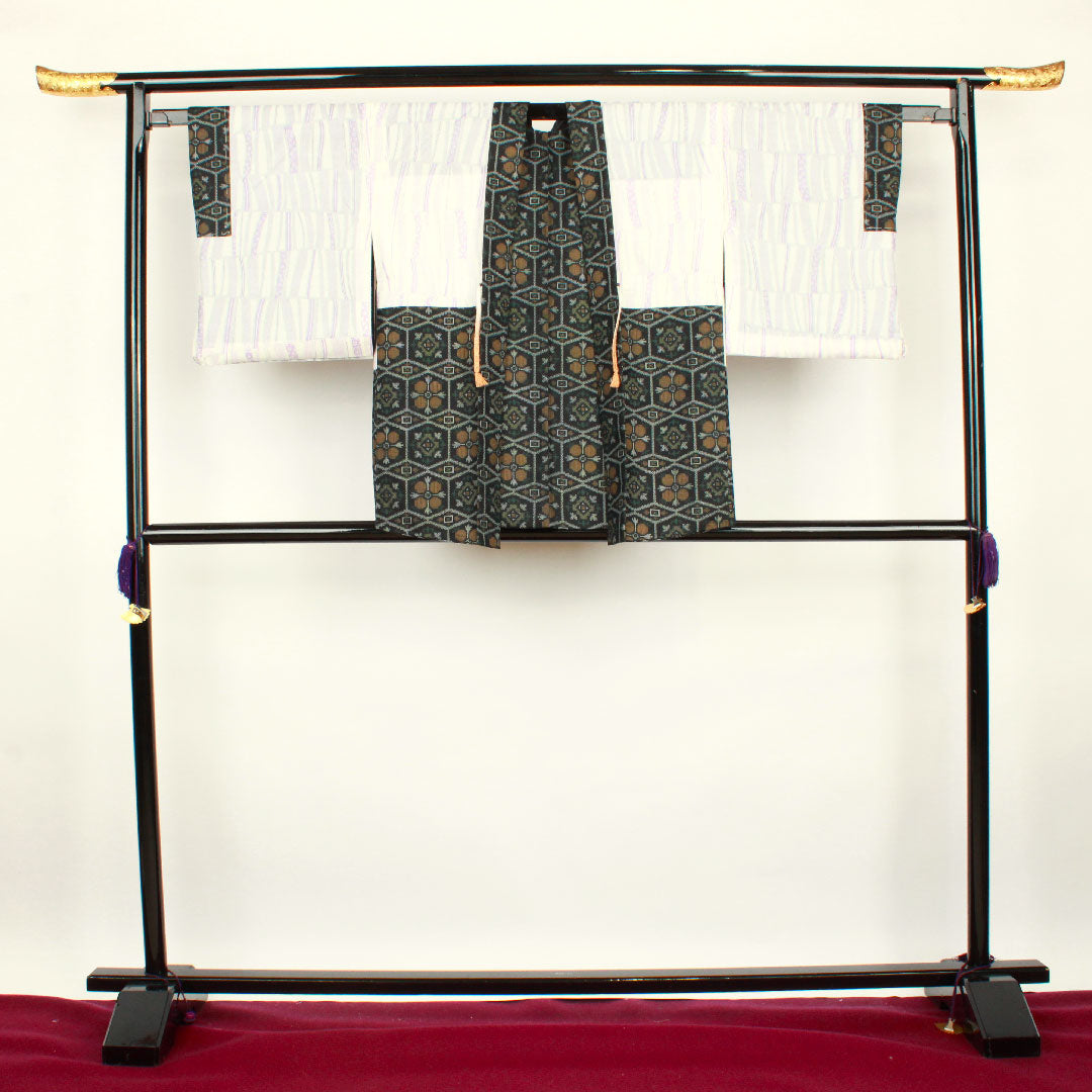 村山大島 身丈151cm 裄丈63.5cm アンサンブル 抽象模様 正絹 Aランク 袷 黒系 1116001993210