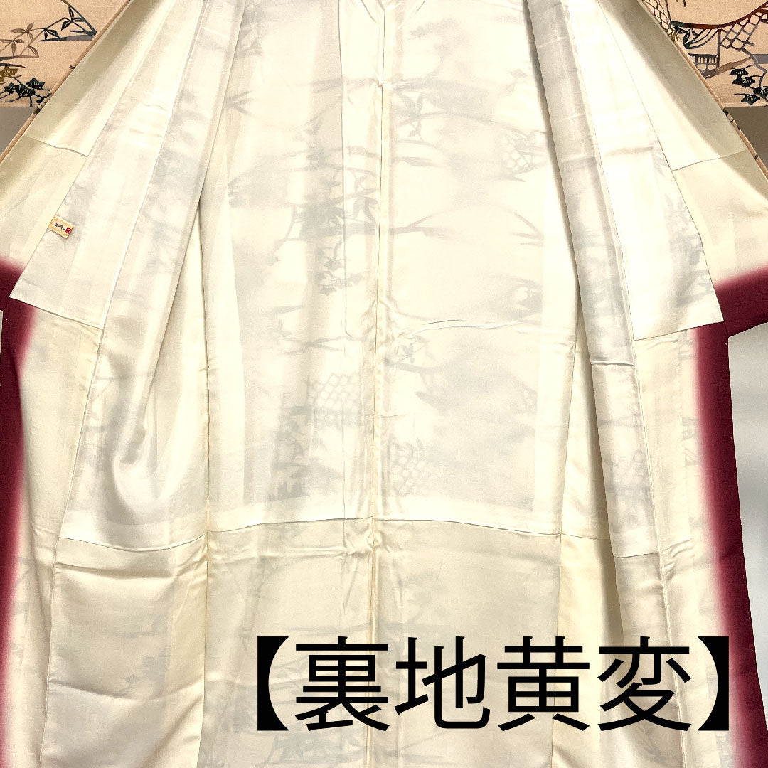 小紋 身丈165.5cm 裄丈66cm 袷 洗柿色 型染 風景模様 正絹 Aランク ピンク系 1115002093513