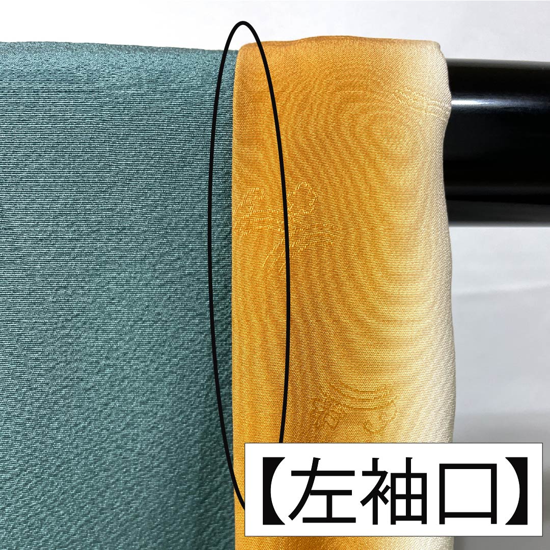 小紋 正絹 身丈152.5cm 裄丈64.5cm 袷 山藍摺色(やまあいずりいろ) 型染 熨斗 花柄 スコッチガード Bランク 緑系 1115005484219