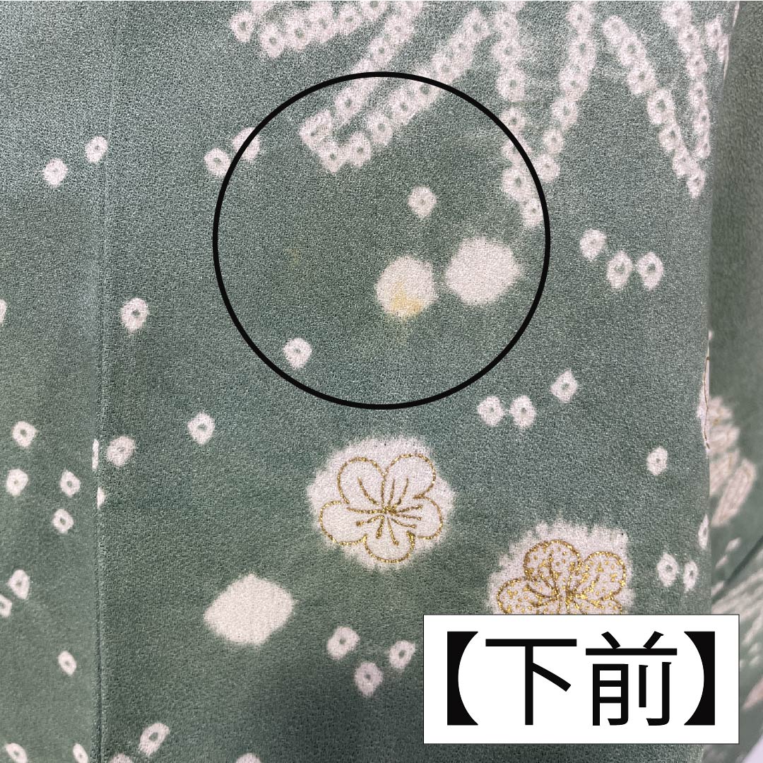 訪問着 正絹 Aランク 袷 身丈158.5cm 裄丈63cm 青磁色(せいじいろ) 一つ紋 金駒刺繍 絞り 重ね衿付き 梅 緑系 1112007333319