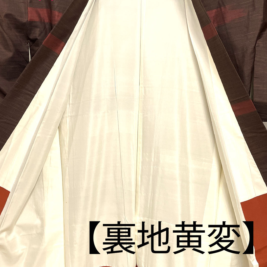 大島紬 身丈159.5cm 裄丈60.5cm 黒鳶色 横縞 縞大島 正絹 Bランク 袷 茶系 1116001714314
