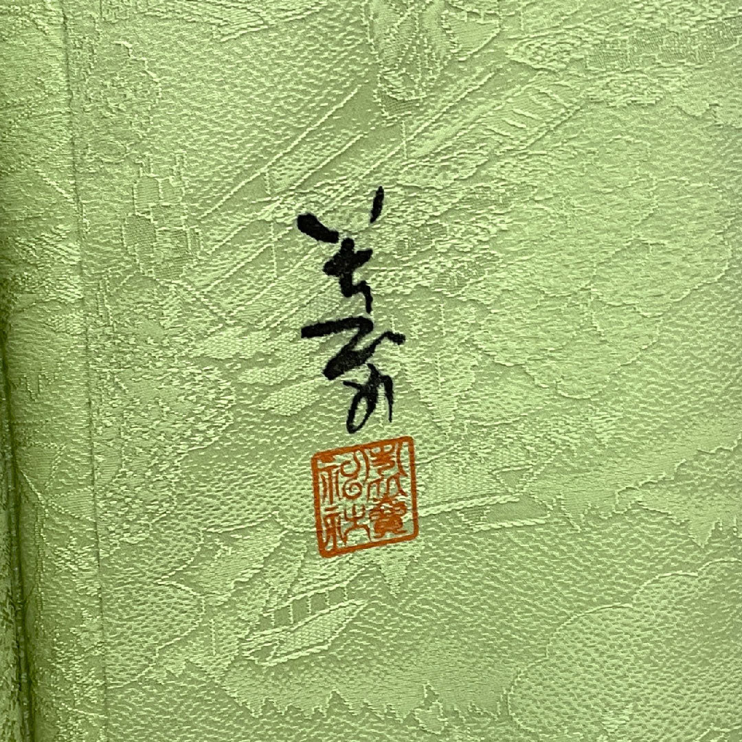 色無地 寿光織 時代人物風景模様 剣片喰 身丈164cm 裄丈66cm 袷 正絹 Sランク 緑系 1114000292319