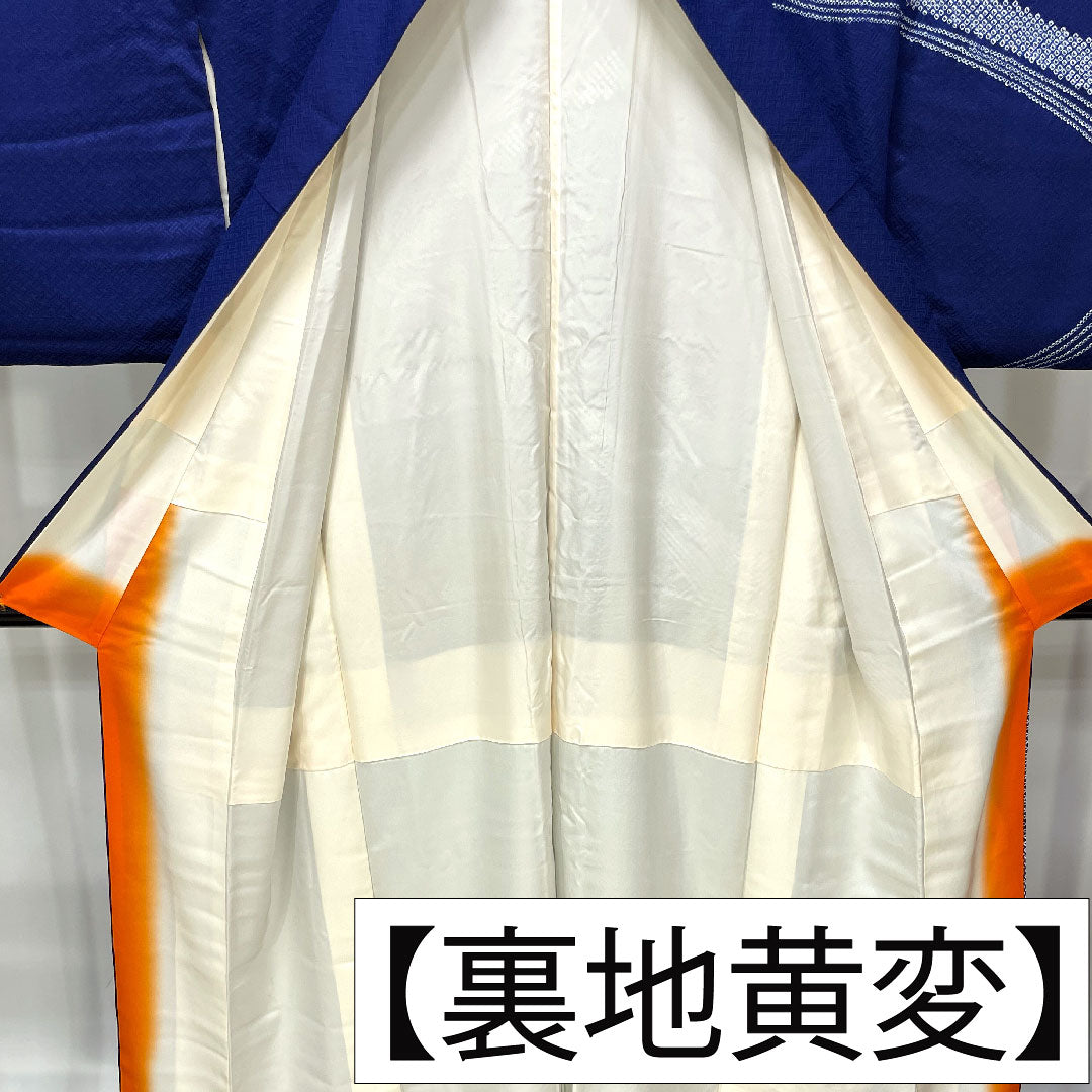 訪問着 正絹 袷 身丈154cm 裄丈63cm 瑠璃色 部分絞り 刺繡 Aランク 紺系 1112004103218
