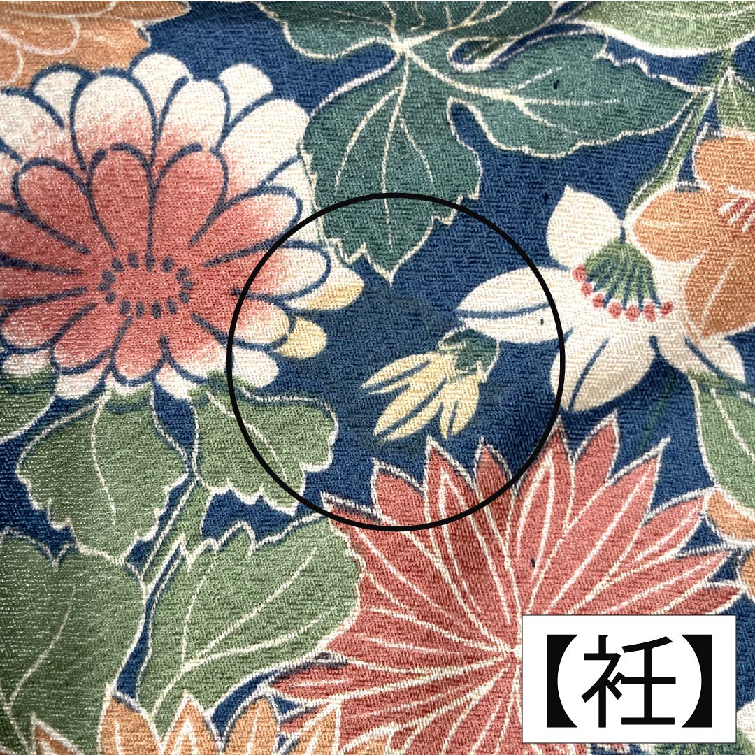 Polyester Komon, Rank A, Length 155.5cm, Sleeve-to-sleeve 62cm, Unlined, Ura-iro color, Katazome, Chrysanthemum, Bird, Washable Kimono, Blue, 1115007893317