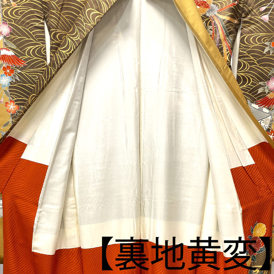 Long-sleeved kimono, length 157.5cm, sleeve length 65cm, lined, dark brown, Kyoto Yuzen, phoenix, thread wrapping, waves, pure silk, A rank, brown, 1113001543314