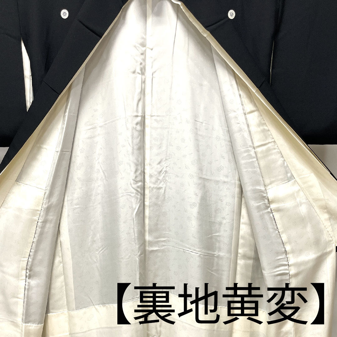 黒留袖 身丈157.5cm 裄丈61.5cm 袷 京友禅 春秋麗花図 作家物 源氏車 正絹 Aランク 五つ紋 黒系 1111000653310