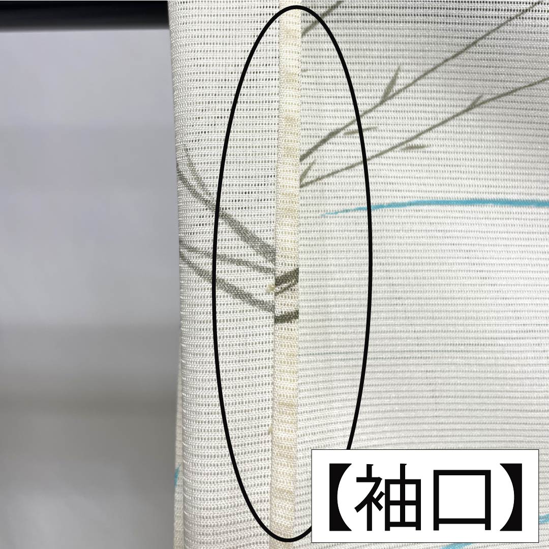 夏物 ポリエステル 小紋 Aランク 身丈156cm 裄丈64.5cm 乳白色(にゅうはくしょく) 洗える着物 蝶 枝葉 絽 白系 1132007133311