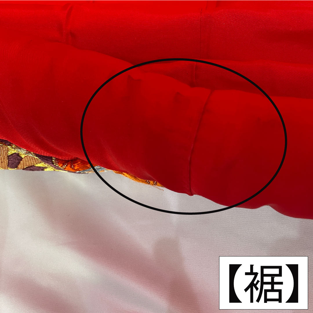 色打掛 正絹 Aランク 身丈184cm 裄丈60.5cm 唐織 蝶 草花模様 袷 朱系 1110001003916