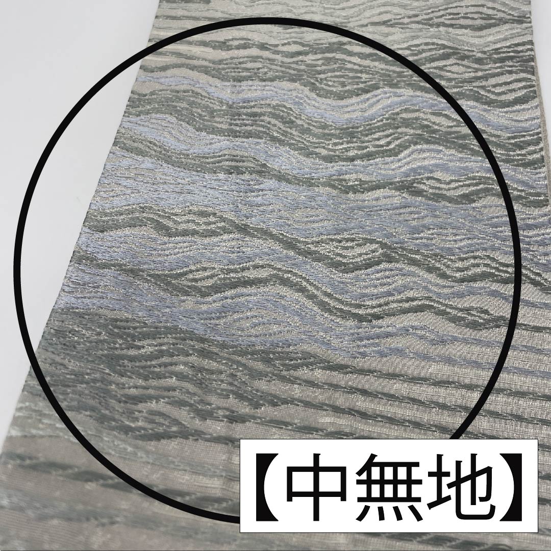 (未仕立)半幅帯 ポリエステル 帯丈412cm 蝋色(ろういろ) 縞 破線 ストライプ グレー系 Sランク 1125001612422