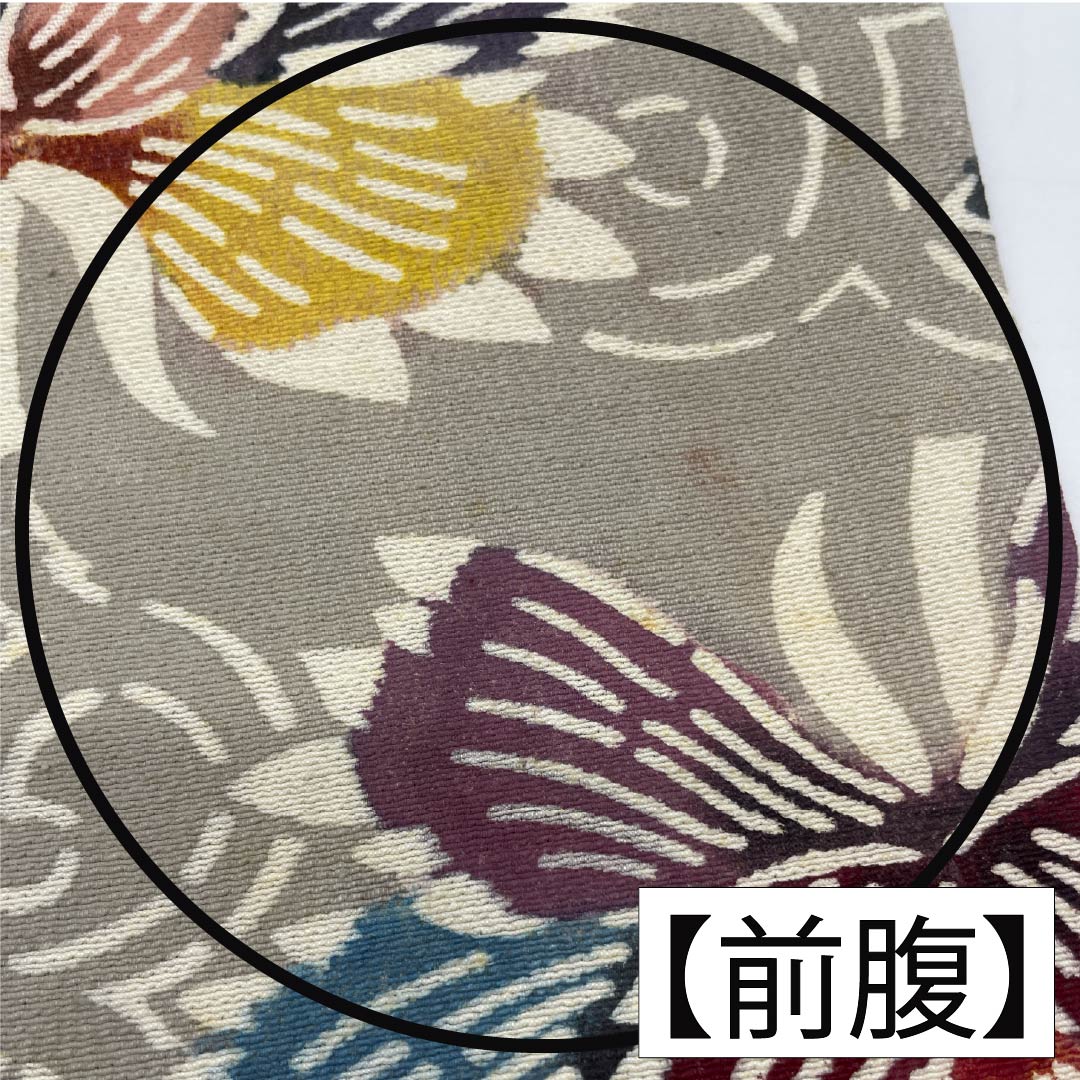 名古屋帯 正絹 Bランク 絹鼠色(きぬねずいろ) 型染 紅型調 牡丹 帯丈347cm 六通 カジュアル グレー系 1124010484322 名古屋仕立て