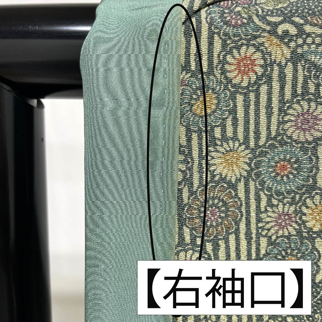 小紋 正絹 Aランク 身丈155.5cm 裄丈64cm 袷 鉄色(てついろ) 江戸小紋 南部幸雄 菊 割付文様 緑系 1115007243319