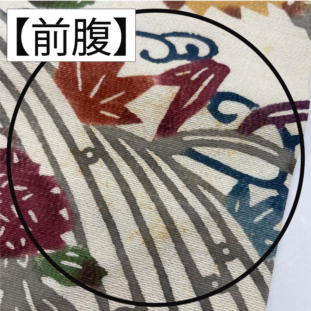 名古屋帯 生成り色(きなりいろ) 京紅型 抽象花 紅葉 帯丈350cm 正絹 Bランク 六通 カジュアル クリーム系 1124006954315 名古屋仕立て