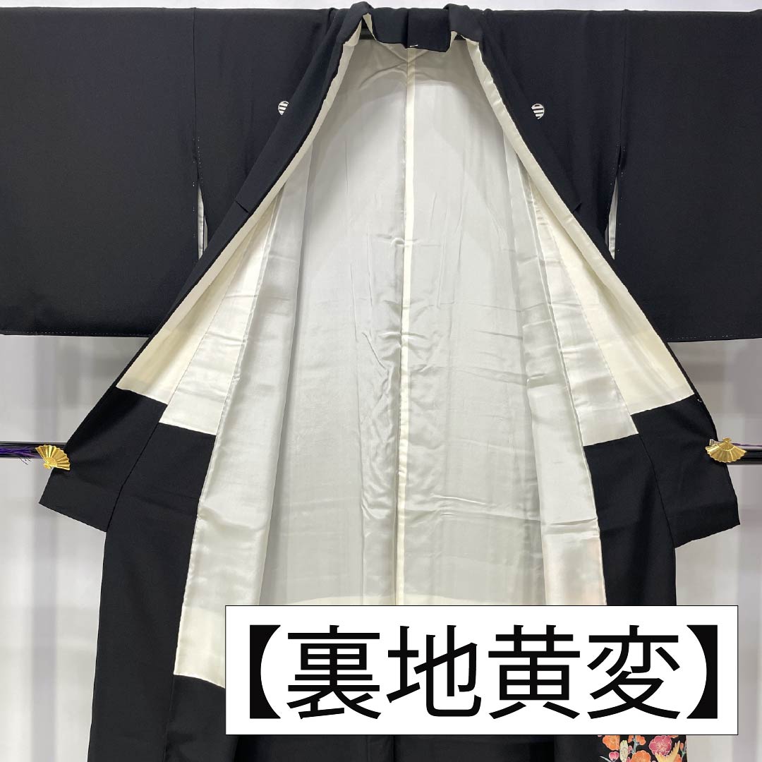 黒留袖 正絹 Sランク 身丈156.5cm 裄丈64cm 袷 五つ紋 雪輪に三つ引き 花車 菊 梅 五つ紋 黒系 1111001862310