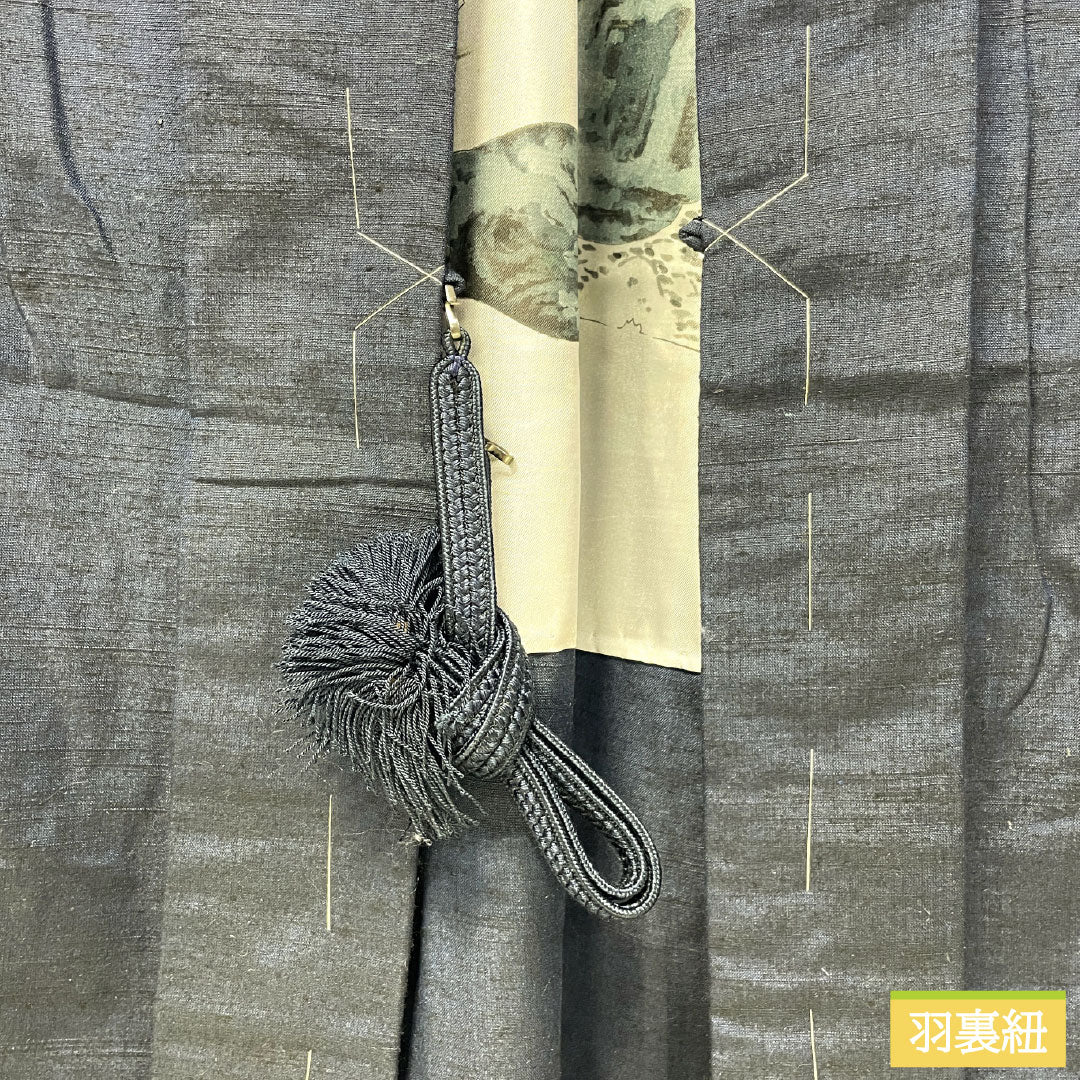 男物 正絹 Aランク 身丈141.5cm 裄丈70cm 濃紺色(のうこんいろ) 紬地 羽織紐付き アンサンブル 袷 紺系 1119001593418