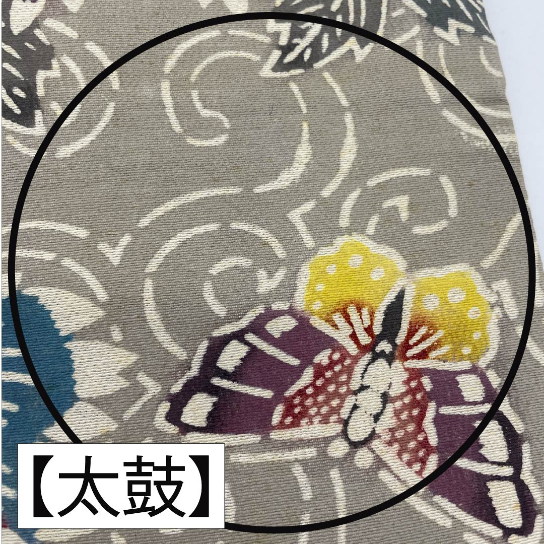 名古屋帯 正絹 Bランク 絹鼠色(きぬねずいろ) 型染 紅型調 牡丹 帯丈347cm 六通 カジュアル グレー系 1124010484322 名古屋仕立て