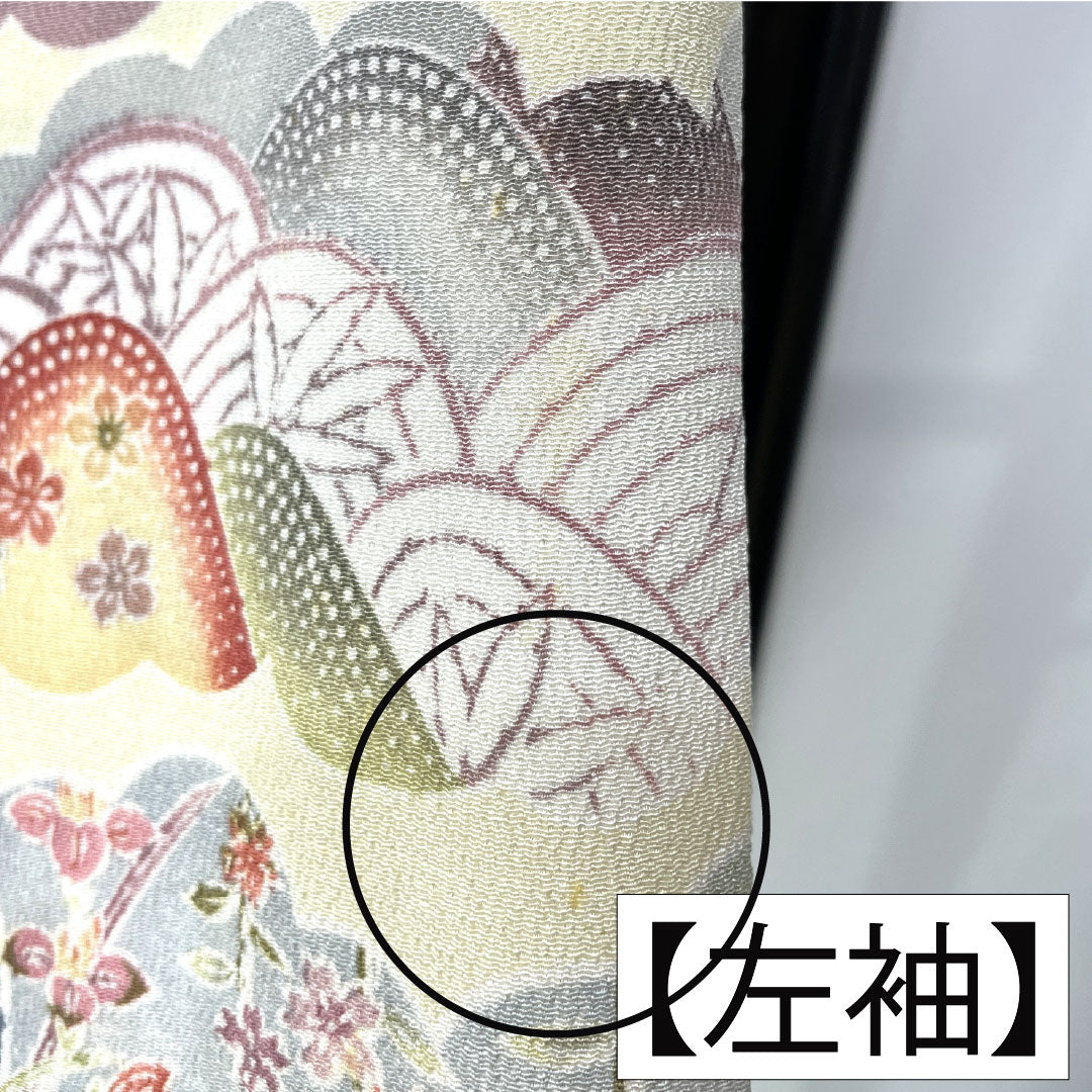 Komon silk, A-rank, length 156cm, sleeve length 58cm, single layer, pale yellow (usukihadairo), Kyoto Bingata, Chaya-Tsuji, cloud pattern, auspicious motif, cream-colored, product number 1115007593315