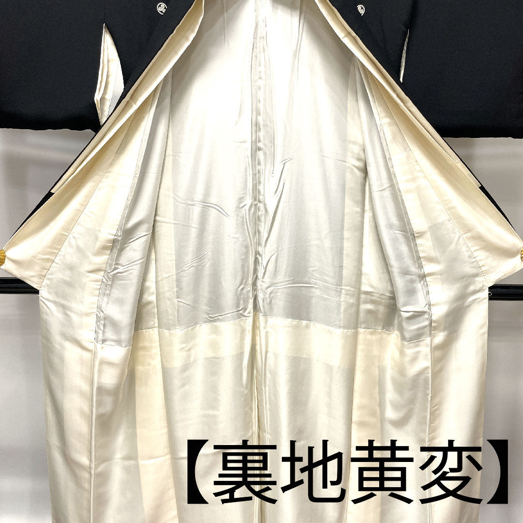 黒留袖 身丈147.5cm 裄丈60cm 袷 京友禅 御所車 丸に三つ柏 正絹 Aランク 五つ紋 黒系 1111000863110
