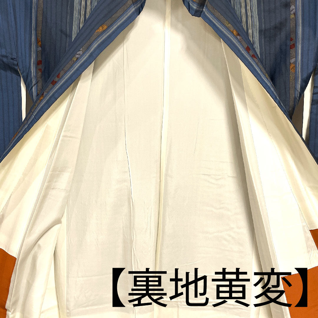 大島紬 身丈155cm 裄丈69.5cm 紺鼠色 藍鉄色 縞模様 正絹 Aランク 袷 青系 1116001693317