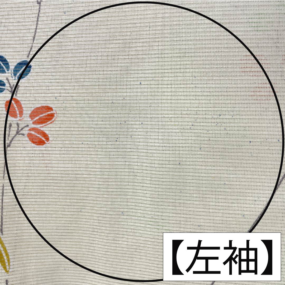 夏物 ポリエステル 小紋 Aランク 身丈163.5cm 裄丈64cm 白百合色(しらゆりいろ) 草花模様 絽 黄系 1132004513423