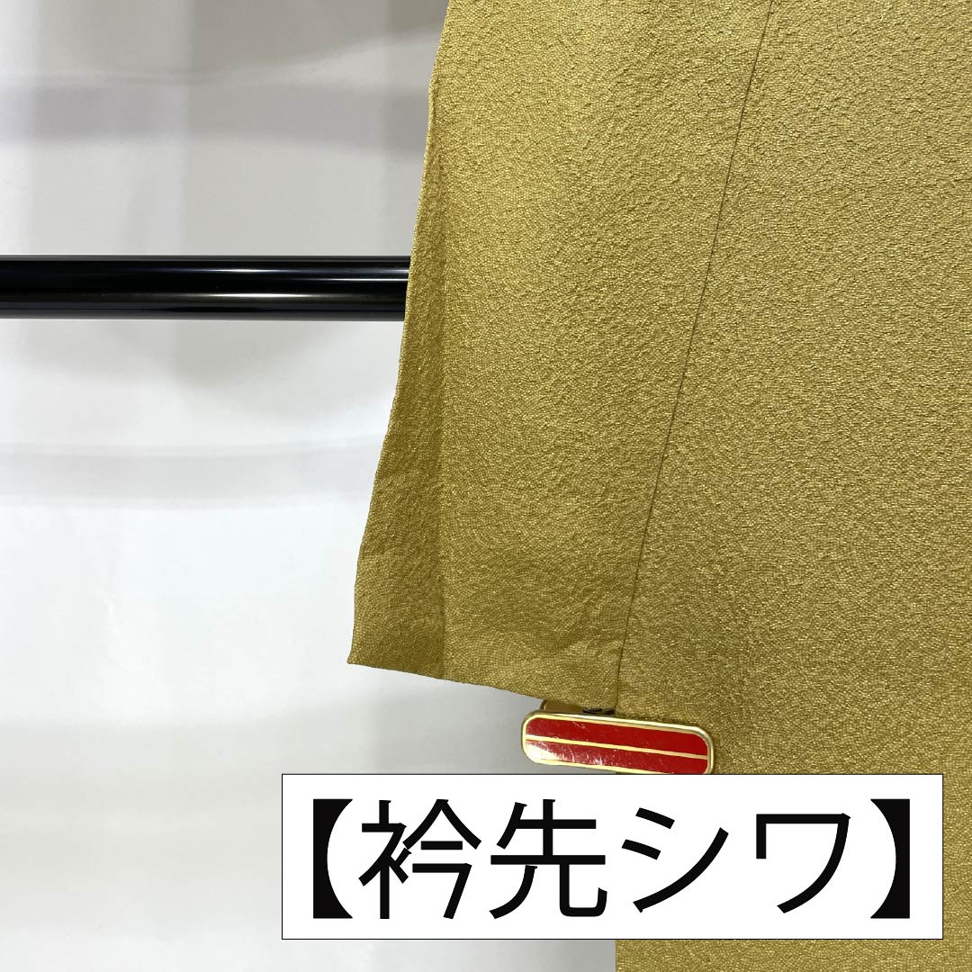 色無地 正絹 Aランク 身丈161.5cm 裄丈64.5cm 唐金色(からかねいろ) 丸に角立四ツ目 一つ紋 鮫柄 袷 黄系 1114002613423
