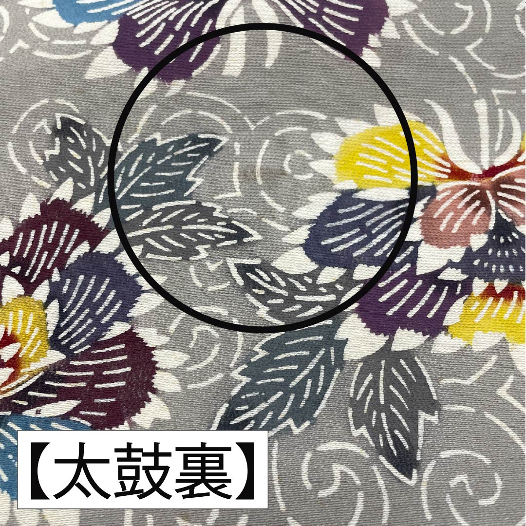 名古屋帯 正絹 Bランク 絹鼠色(きぬねずいろ) 型染 紅型調 牡丹 帯丈347cm 六通 カジュアル グレー系 1124010484322 名古屋仕立て