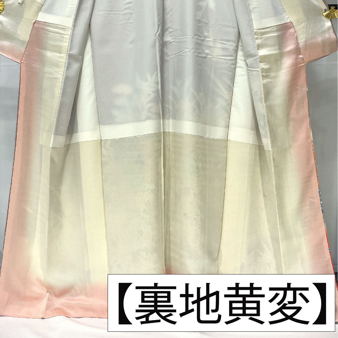 Homongi, pure silk, lined, length 164cm, sleeve length 63cm, grape color (shrimp color), Kyoto Bingata, floral pattern, A rank, purple, 1112005263420