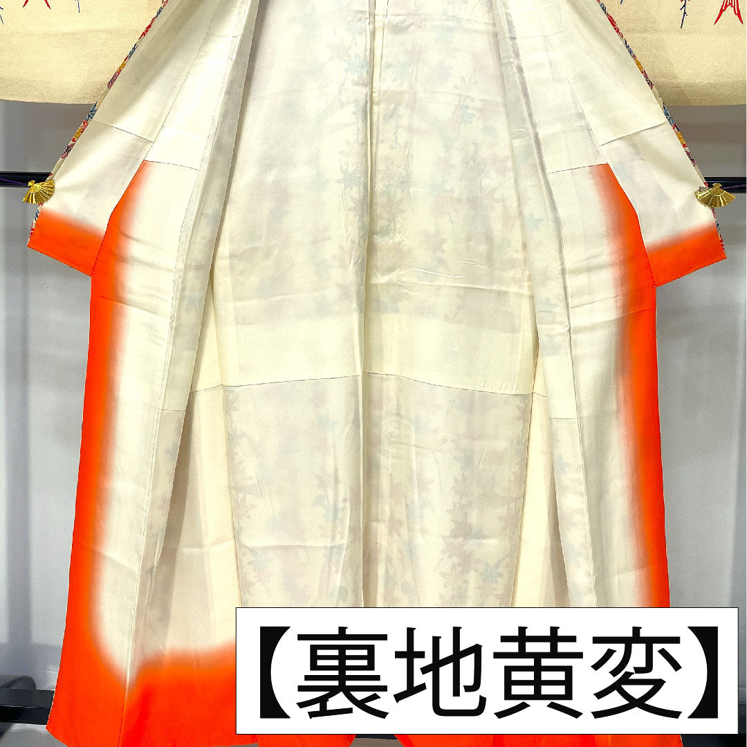 訪問着 正絹 袷 身丈158.5cm 裄丈65cm 密陀僧色(みつだそういろ) 京紅型 紅葉 鳥 Aランク クリーム系 1112005943315