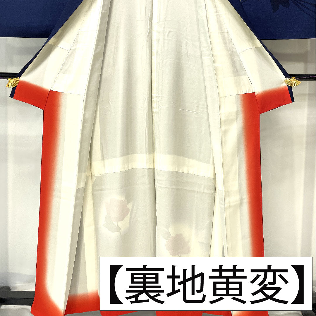 訪問着 正絹 袷 身丈159cm 裄丈65cm 濃紺色(のうこんいろ) 蝶 薔薇 Aランク 紺系 1112005883318