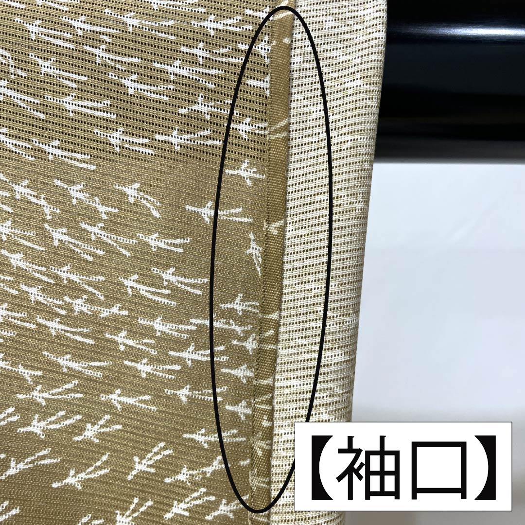 夏物 ポリエステル 小紋 Aランク 身丈151.5cm 裄丈61.5cm 芽色(かやいろ) 松葉 洗える着物 絽 ベージュ系 1132005403225