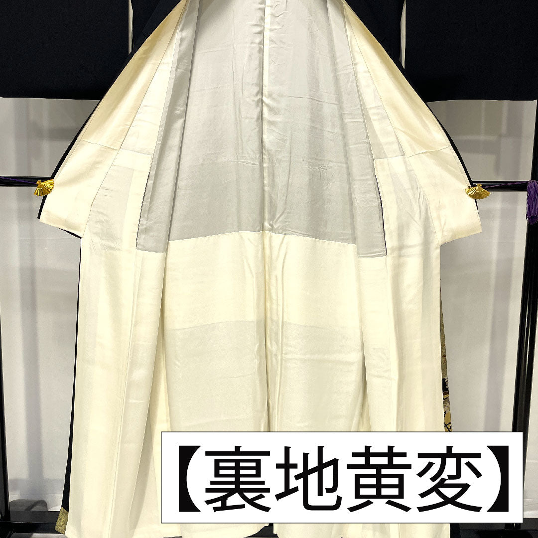 Black formal kimono, pure silk, length 155cm, sleeve length 63.5cm, lined, artist work, Kyoto Yuzen, flower cart, five crests, ivy, B rank, black, 1111001454310