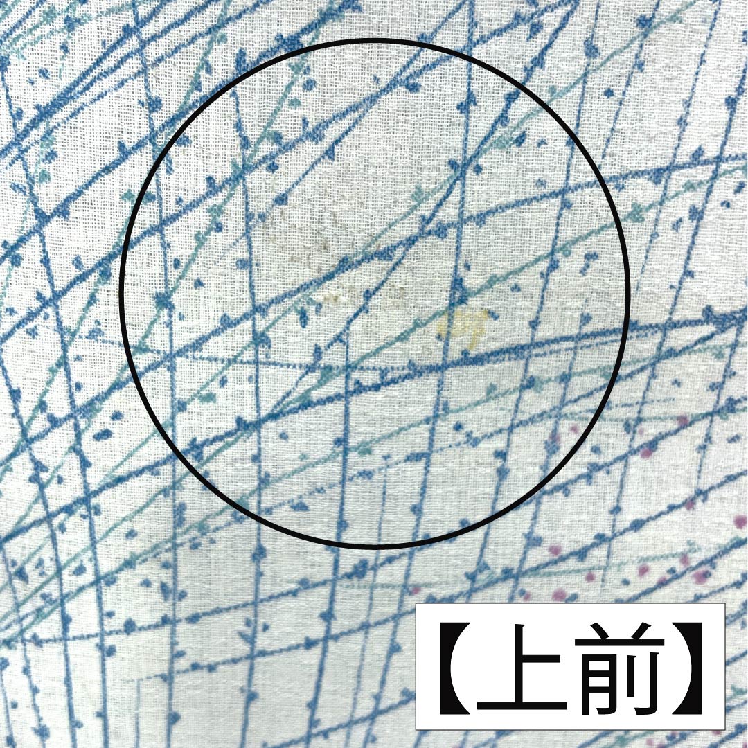 夏物 木綿 小紋 Bランク 身丈156cm 裄丈62cm 蟹鳥染色(かにとりぞめいろ) 抽象模様 紗 水色系 1132004404324